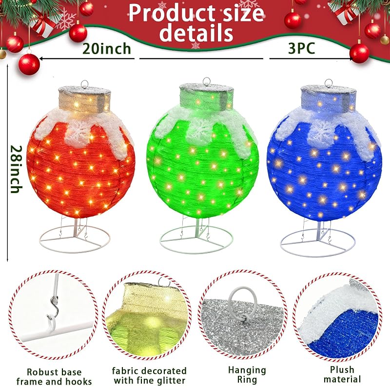 3 Pcs 28 inches Outdoor Christmas Ornaments, Lighted Pop Up Ball