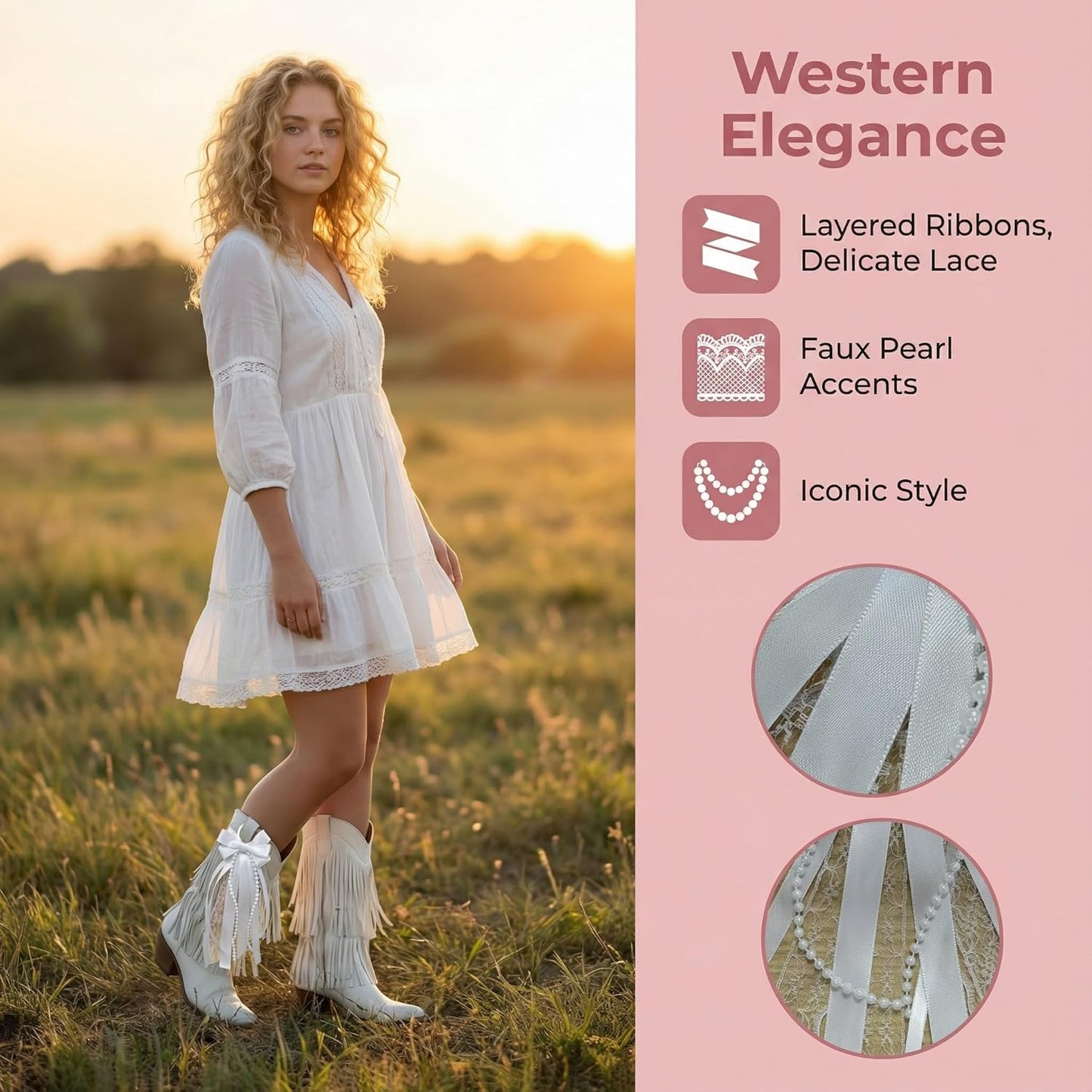 Skiennix Boot Bows - Elegant Satin Ribbon Cowboy Decor for Women | 2 Pcs White with Glitter & Lace