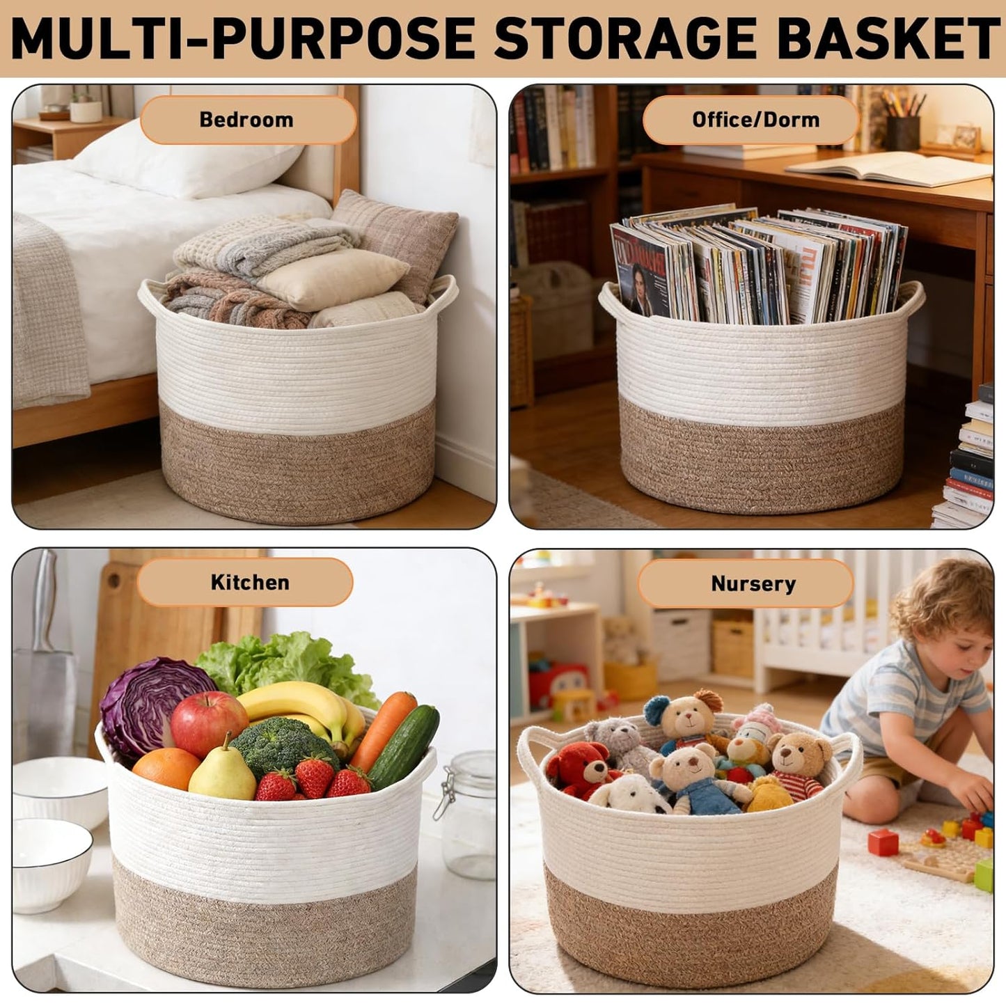 Skiennix 65L Large Woven Cotton Rope Basket - Stylish Laundry Hamper for Bedroom & Living Room | White & Brown