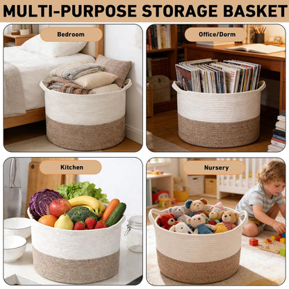 Skiennix 65L Large Woven Cotton Rope Basket - Stylish Laundry Hamper for Bedroom & Living Room | White & Brown