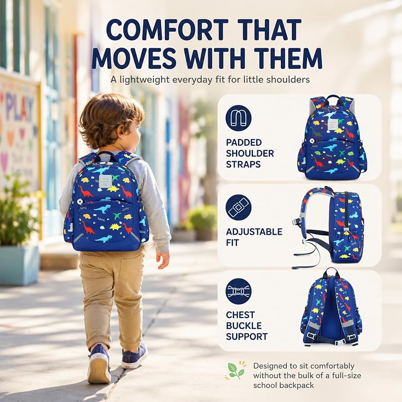 Camtop 12-Inch Toddler Backpack for Boys - Navy Dinosaur Lunch Bag Set