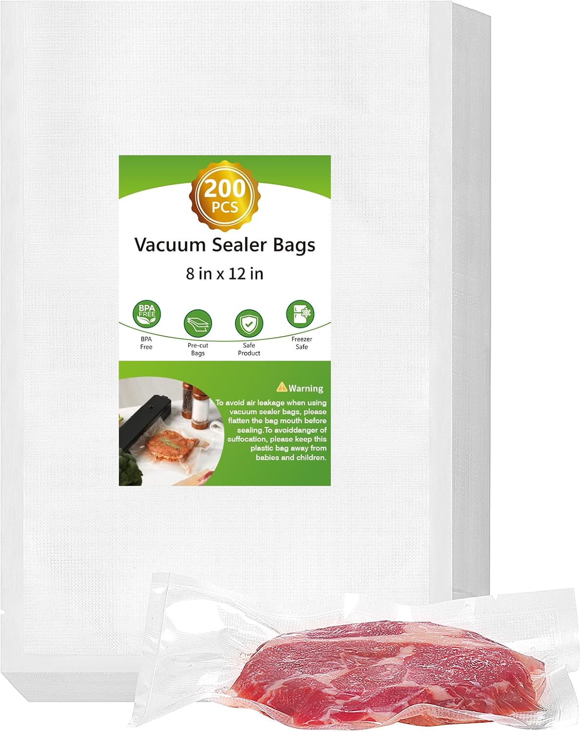 Moretoes Vacuum Sealer Bags - 200pcs BPA-Free Food Saver Bags, Quart Size 8" x 12" for Meal Prep & Storage