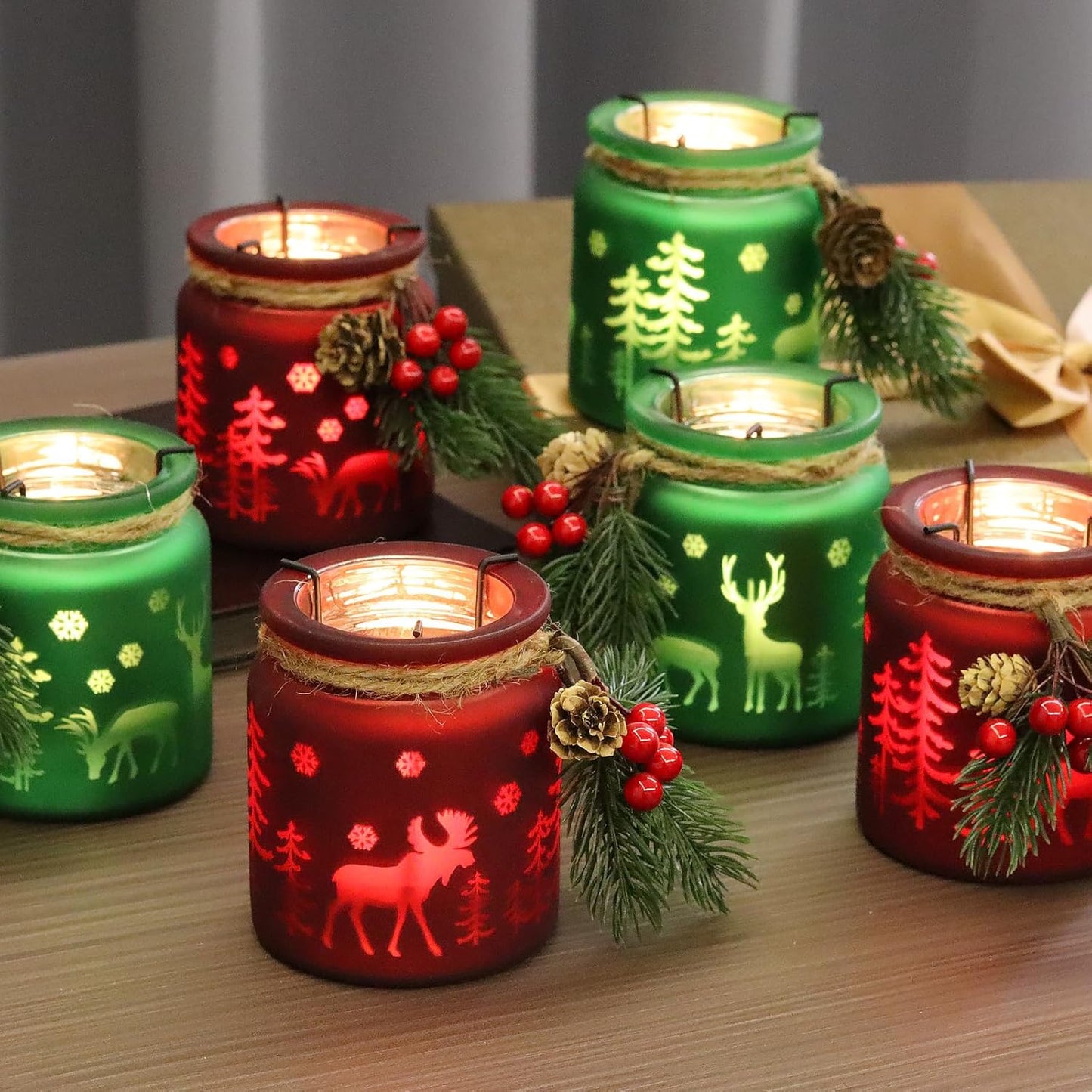 SHMILMH Christmas Candle Holders - Set of 6 Glass Tealight Holders with Metal Base | Red & Green Centerpieces