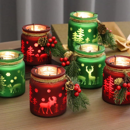 SHMILMH Christmas Candle Holders - Set of 6 Glass Tealight Holders with Metal Base | Red & Green Centerpieces