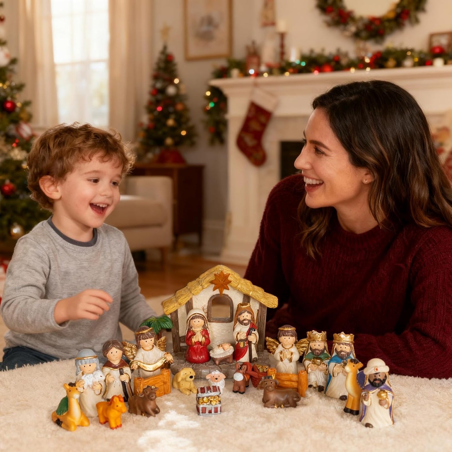 Nativity Advent Calendar 2025 - Light-Up 24-Day Nativity Scene Set with Resin Figures for Kids