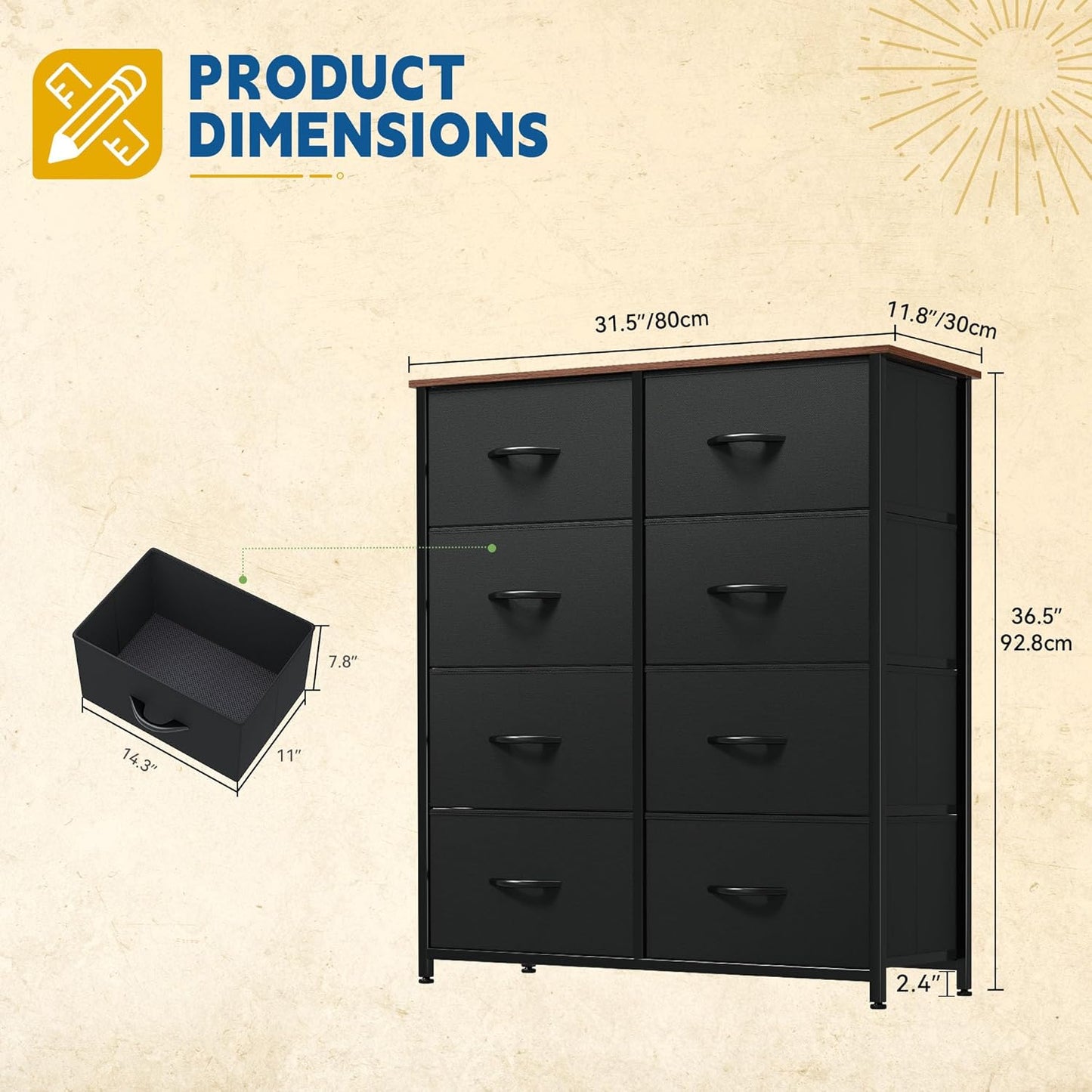 DWVO Fabric Dresser - 8 Drawer Tall Chest with Sturdy Steel Frame & Wooden Top | Ideal for Bedroom & Living Room
