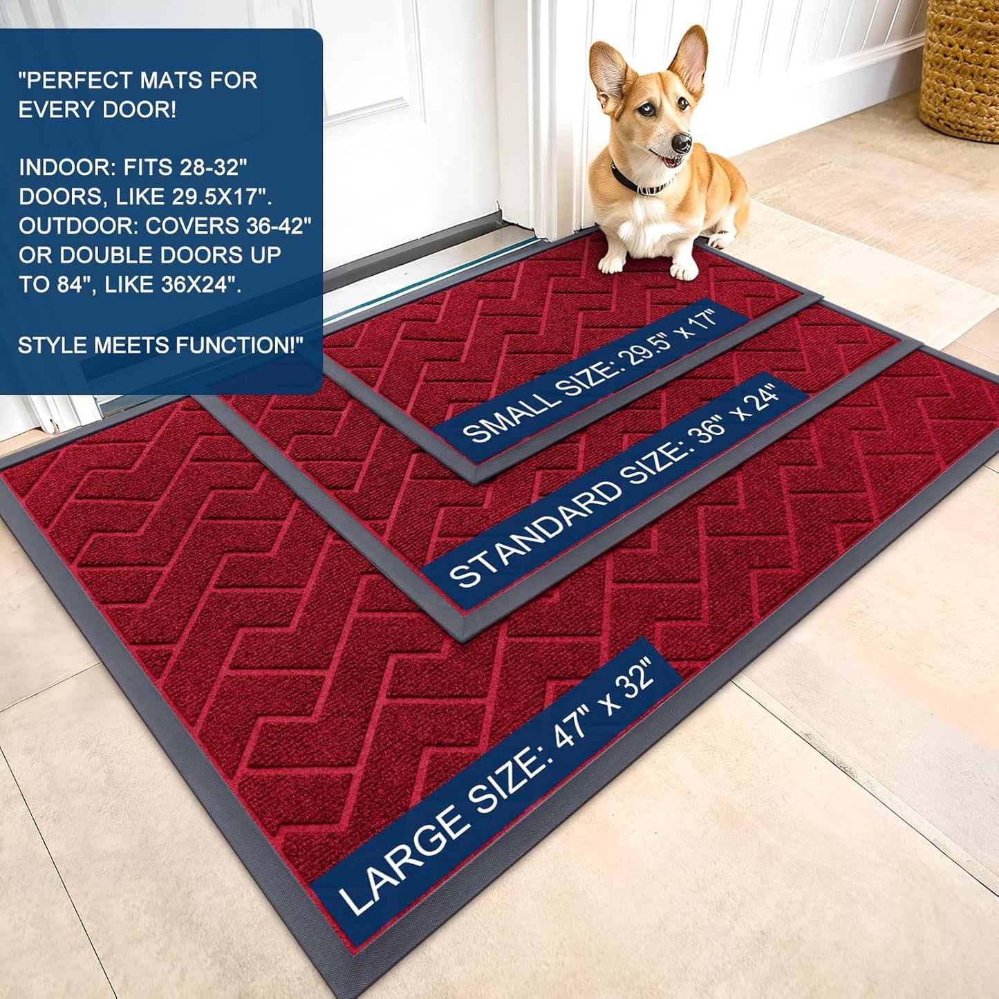 OLANLY Waterproof All-Season Front Door Mat - Sturdy Natural Rubber, Easy Clean Herringbone Design (Wine Red, 71x23)
