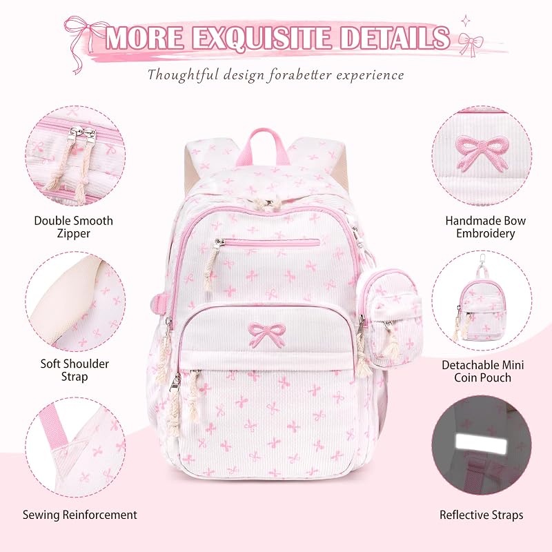 Corduroy Girls Backpack Set with Lunch Box & Pencil Pouch - Beigepink Bow (4-Piece)
