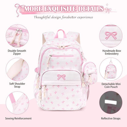 Corduroy Girls Backpack Set with Lunch Box & Pencil Pouch - Beigepink Bow (4-Piece)