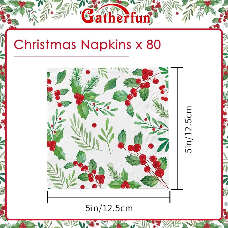5 x 5 Inch Christmas Holly Paper Napkins Set of 80 - Seasonal Beverage Napkins
