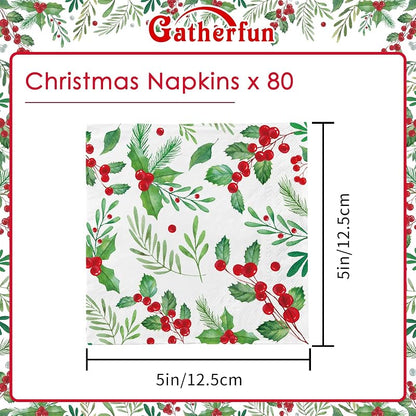 5 x 5 Inch Christmas Holly Paper Napkins Set of 80 - Seasonal Beverage Napkins