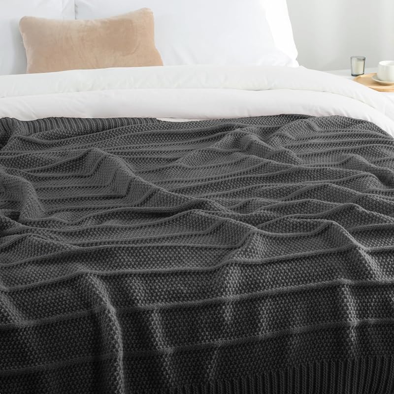 Carriediosa Dark Grey Knit Throw Blanket 60 x 80 with Cable Knit & Stripe Design