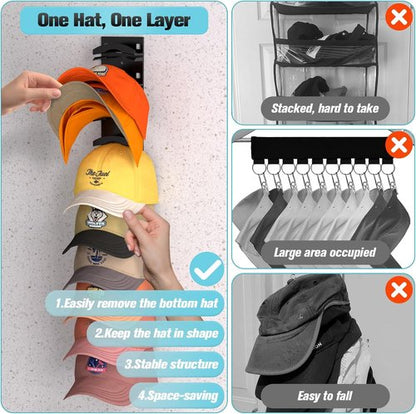 Hat Organizer by [Brand Name] - Wall-Mounted Rack for Up to 40 Baseball Caps | Strong Adhesive & Versatile Storage Options (Black)