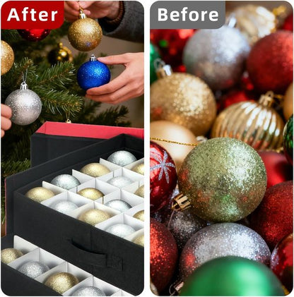 Inin Christmas Ornament Storage Box - Stackable Organizer with Adjustable Dividers | Holds 72 Balls, Red