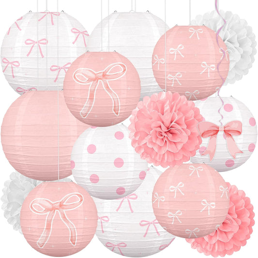 Skiennix 15-Piece Pink Bow Birthday Party Decorations - Paper Lanterns for Girls' Baby Showers