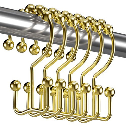 Titanker Gold Shower Curtain Hooks Rings, Rust-Resistant Metal Double Glide Shower Hooks Rings for Bathroom Shower Curtains Rods, Set of 12 Hooks - Light Gold