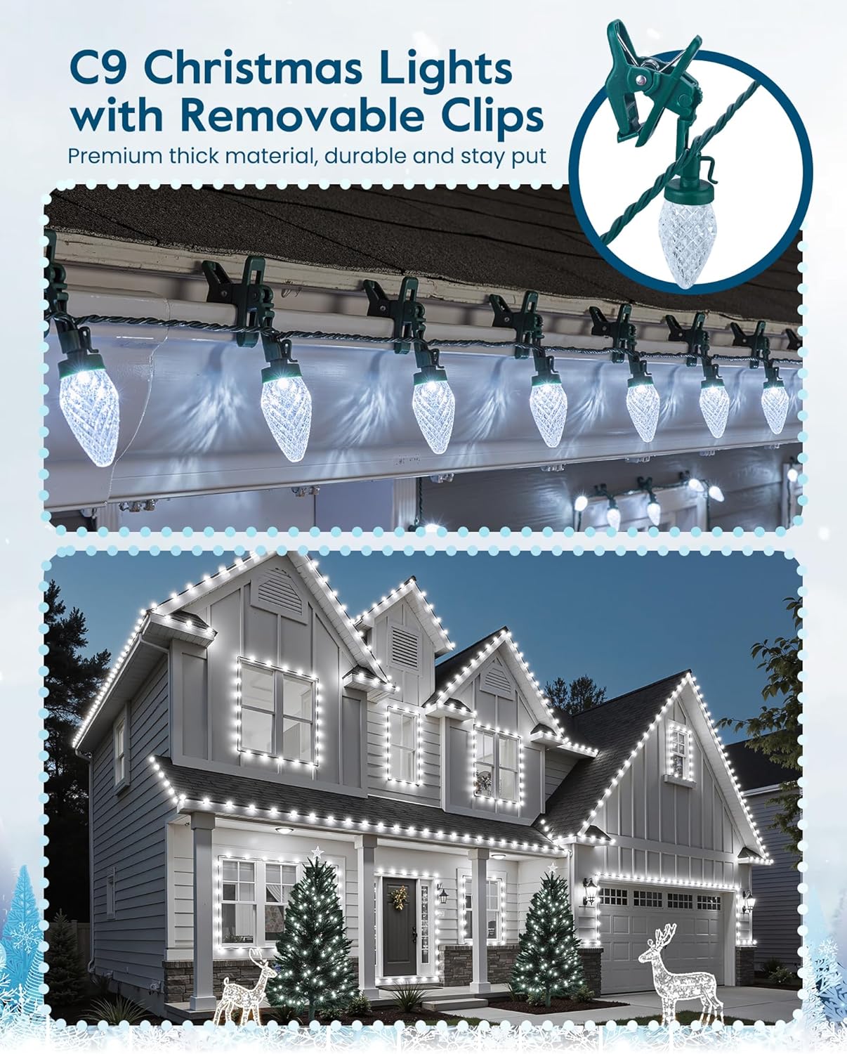 C9 Christmas Lights - 100 LED Waterproof String Lights | 65FT with 100 Spring Clips for Outdoor Decor