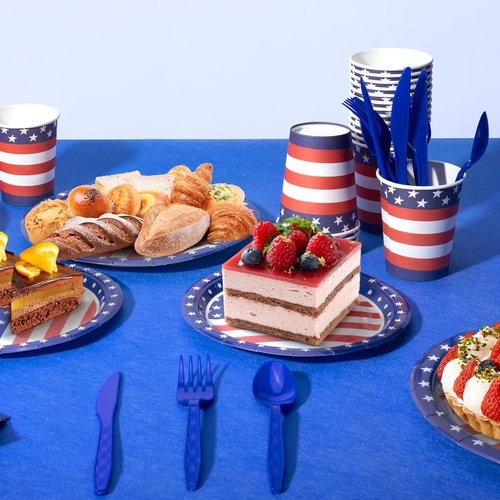 American Flag Party Decorations - 170 Pcs Patriotic Set with Banner, Plates, Cups & More for 24 Guests