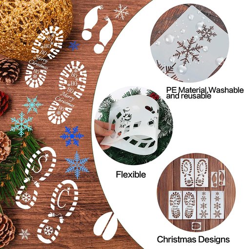 FOIMAS Christmas Santa Footprint Stencil Set - 9 Large Elf Footprints & Snowflake Templates for Holiday Crafts