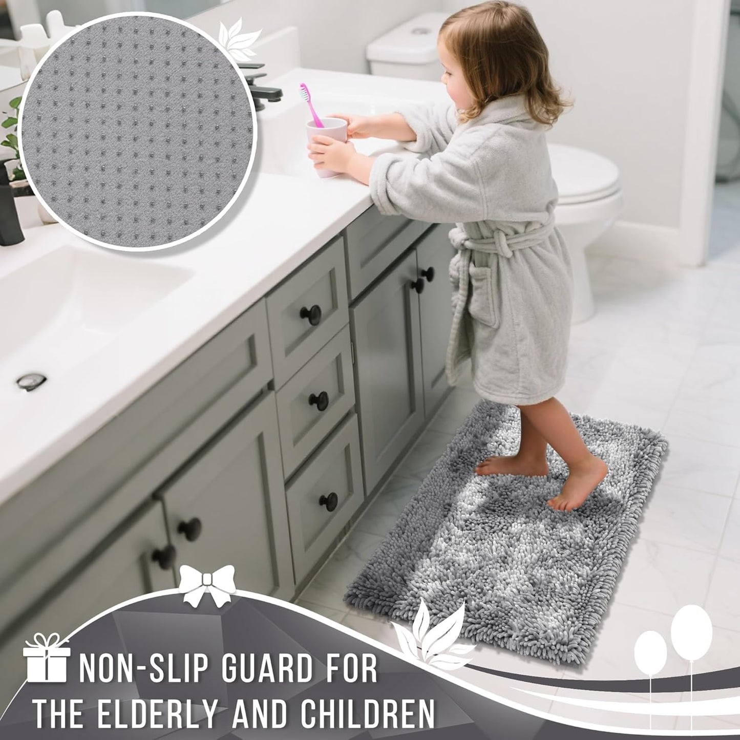 Yimobra Chenille Bathroom Rug - Non-Slip, Extra Thick & Soft | Machine Washable, 24x17, Light Grey
