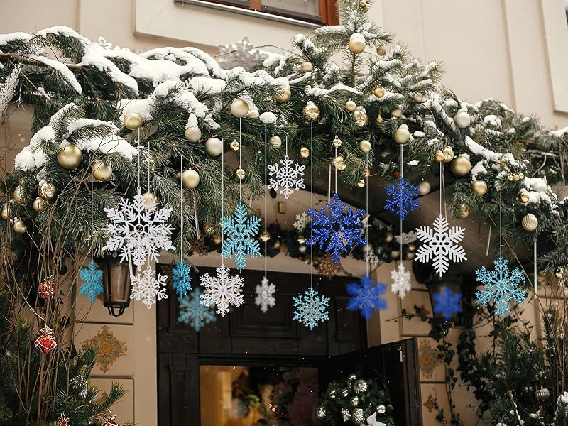 24 Pack 12" Glitter Hanging Snowflakes - Multicolor (Variation: White, Blue, Dark Blue)