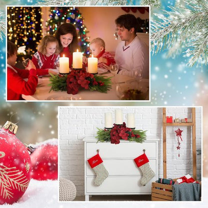 LemonRoad Christmas Table Centerpiece - 24 Inch Artificial Hydrangea Candelabrum with Candle Holders, Pine Needles & Berries
