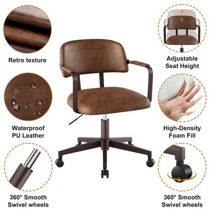 BERYTH Home Office Desk Chair, Mid-Century Modern Desk Chair with Padded Arms, Adjustable Seat Height, Mid Back 360° Small Computer Chair with Mobile Mute Wheel, PU Leather (Brown)