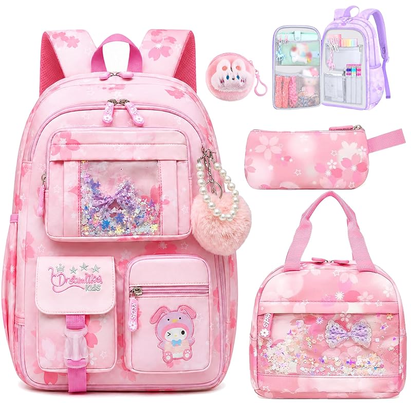 5Pcs Cute Backpack Set for Girls - 17in Gradient Pink School Bag with Lunch Box (Variation: Pink)