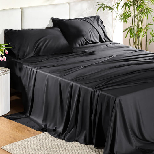 PureWoven King Size Sheet Set - Cooling Rayon Sheets from Bamboo | Soft, Breathable, Deep Pocket Design in Black