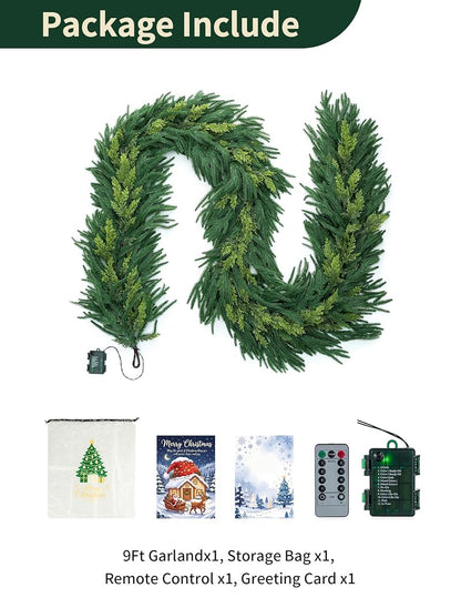 9 Ft Norfolk Pine Garland with 80 LED Lights - Prelit Artificial Greenery, Multi-Function Remote