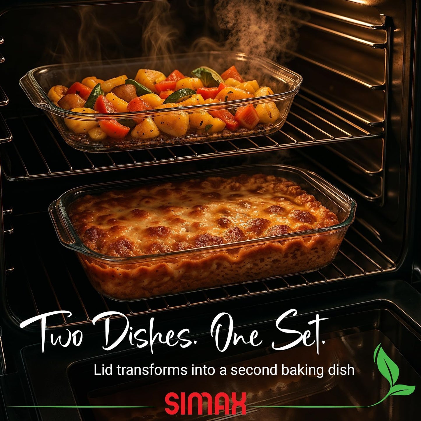 Simax Large Glass Casserole Dish - Oven Safe Bakeware with Lid | 3 Quart Oblong Design for Cooking & Serving