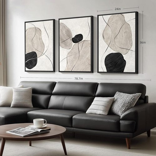 Framed Black and White Abstract Wall Art - Large 3 Piece Minimalist Canvas Set for Living Room | 24x36 In