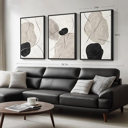 Framed Black and White Abstract Wall Art - Large 3 Piece Minimalist Canvas Set for Living Room | 24x36 In