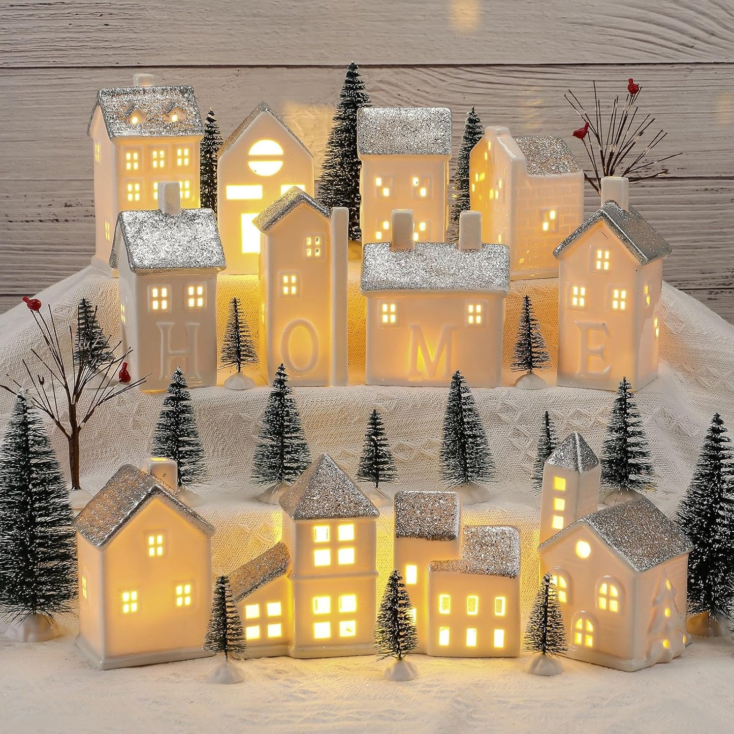 Zubebe 30 Pcs LED Christmas Village Set - Porcelain Holiday Figurines for Indoor Decor | Silver