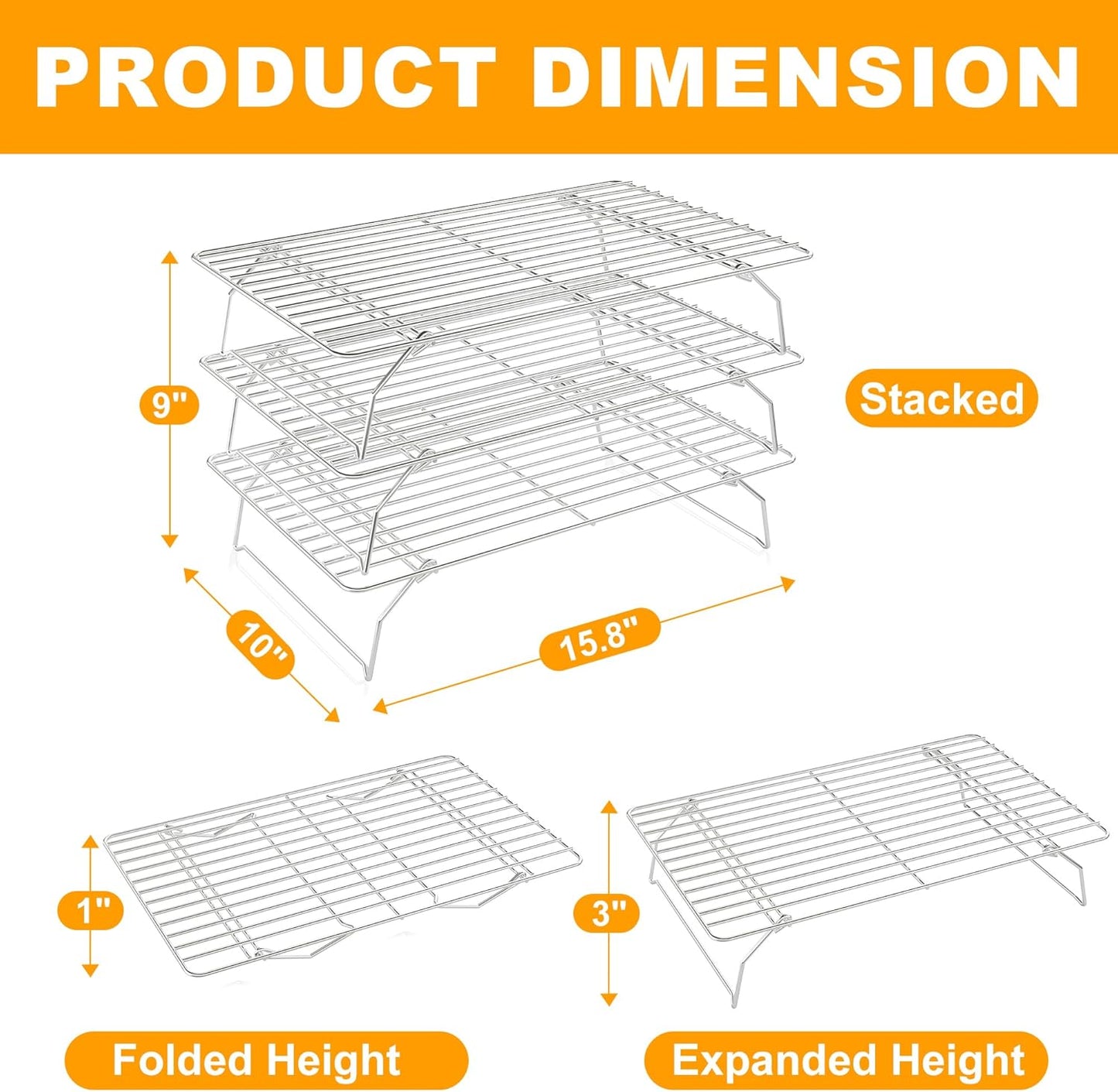 Skiennix 3-Tier Stackable Cooling Rack - Heavy Duty Baking Rack for Cookies, Pizza, Cakes | 15.8” x 10” - Dishwasher Safe