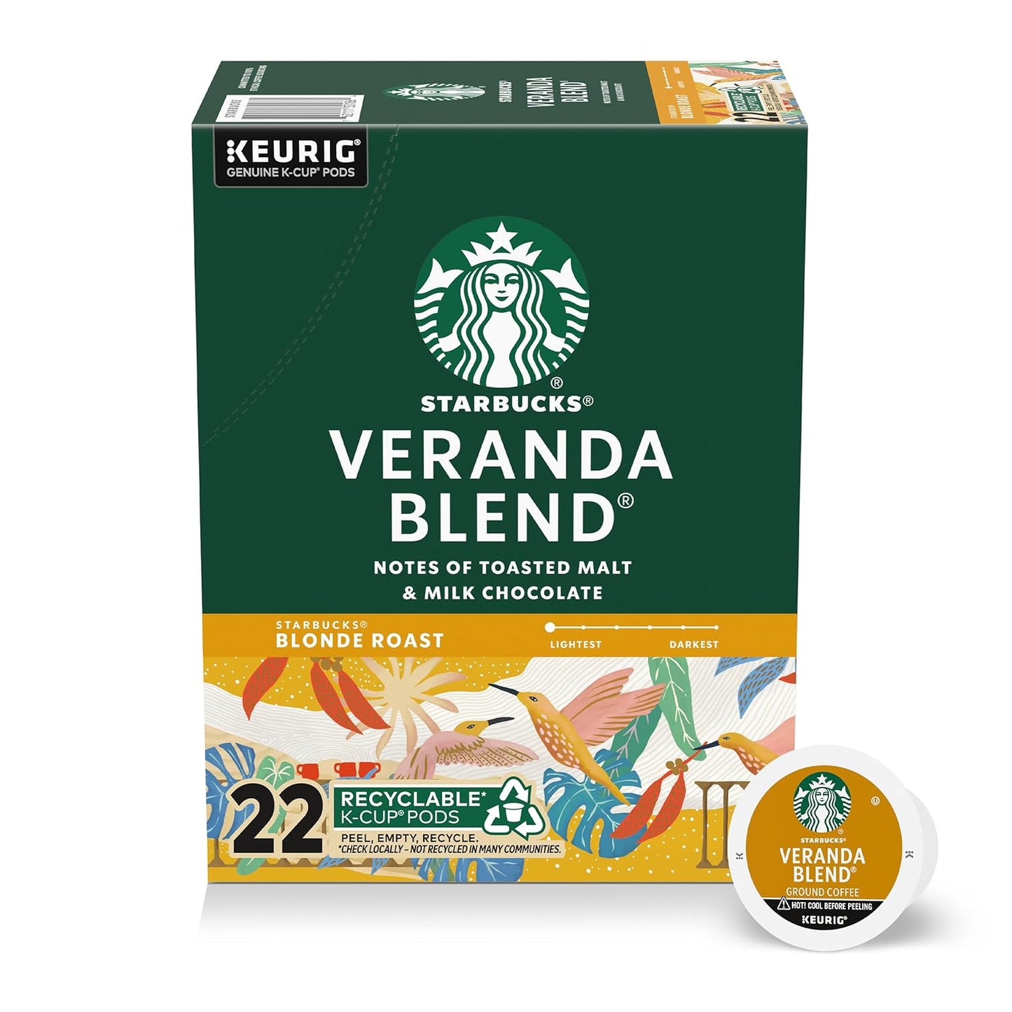 Starbucks K-Cup Coffee Pods - Blonde Roast Veranda Blend for Hot or Iced Coffee | 22 Pods