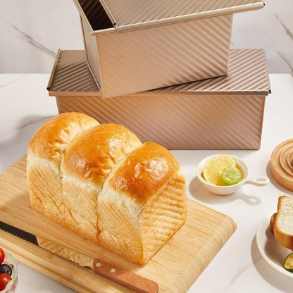 KITESSENSU Pullman Loaf Pan - Non-Stick Carbon Steel Bread Mold with Lid, 1 lb Capacity, Gold