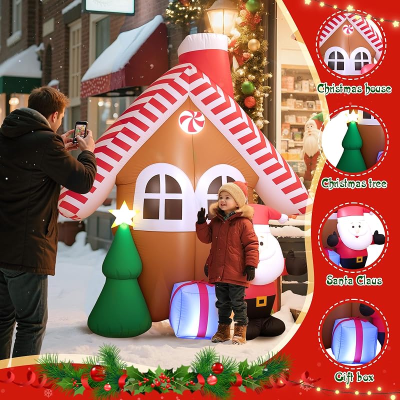 7 Ft Christmas Inflatable Candy House with Santa, Tree & Gift Box – Built-in LED Lights