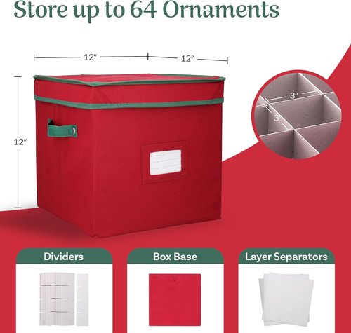 Elf Stor Christmas Decor Storage Box - Red Oxford Canvas Ornament Cube Chest with 64 Compartment Dividers
