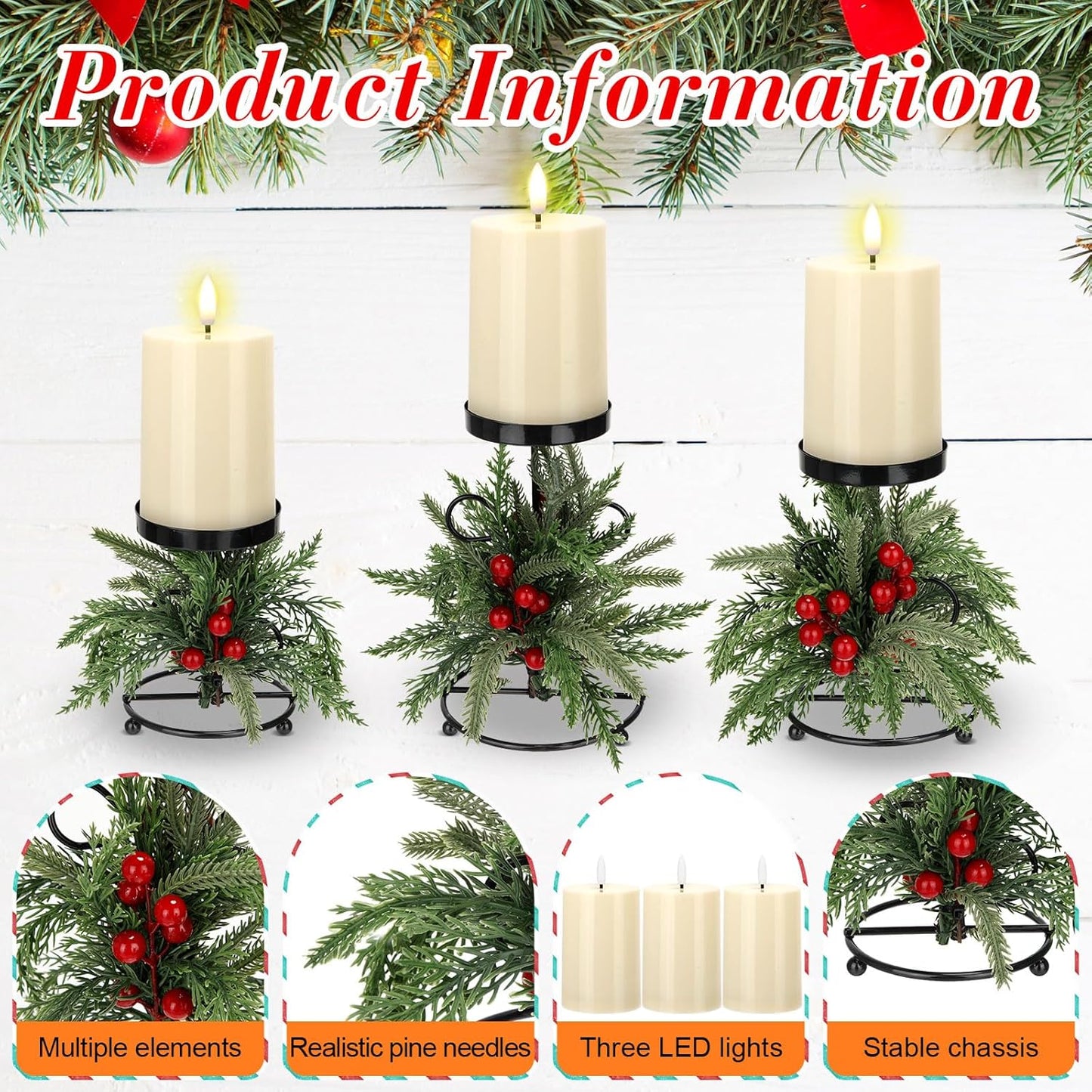 Yunlly Christmas Candle Holder Set - 3 LED Battery-Operated Centerpieces | Norfolk Pine Needle Design