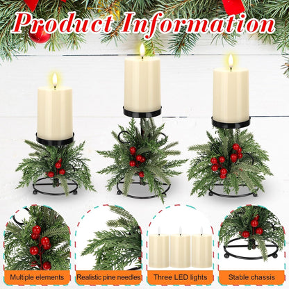 Yunlly Christmas Candle Holder Set - 3 LED Battery-Operated Centerpieces | Norfolk Pine Needle Design