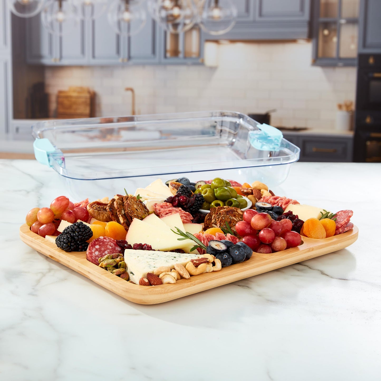 Farberware Build-A-Board Bamboo Cutting Board with Built-in Compartments and Clear Locking Lid with Blue Handles, Perfect for Charcuterie, Snacks, and More - Make it. Take it. Enjoy it, 11x14 Inches