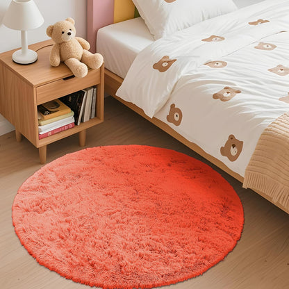 OLANLY Round Coral Red Area Rug - Soft, Machine Washable 3 ft Shaggy Carpet for Bedroom & Living Room Decor