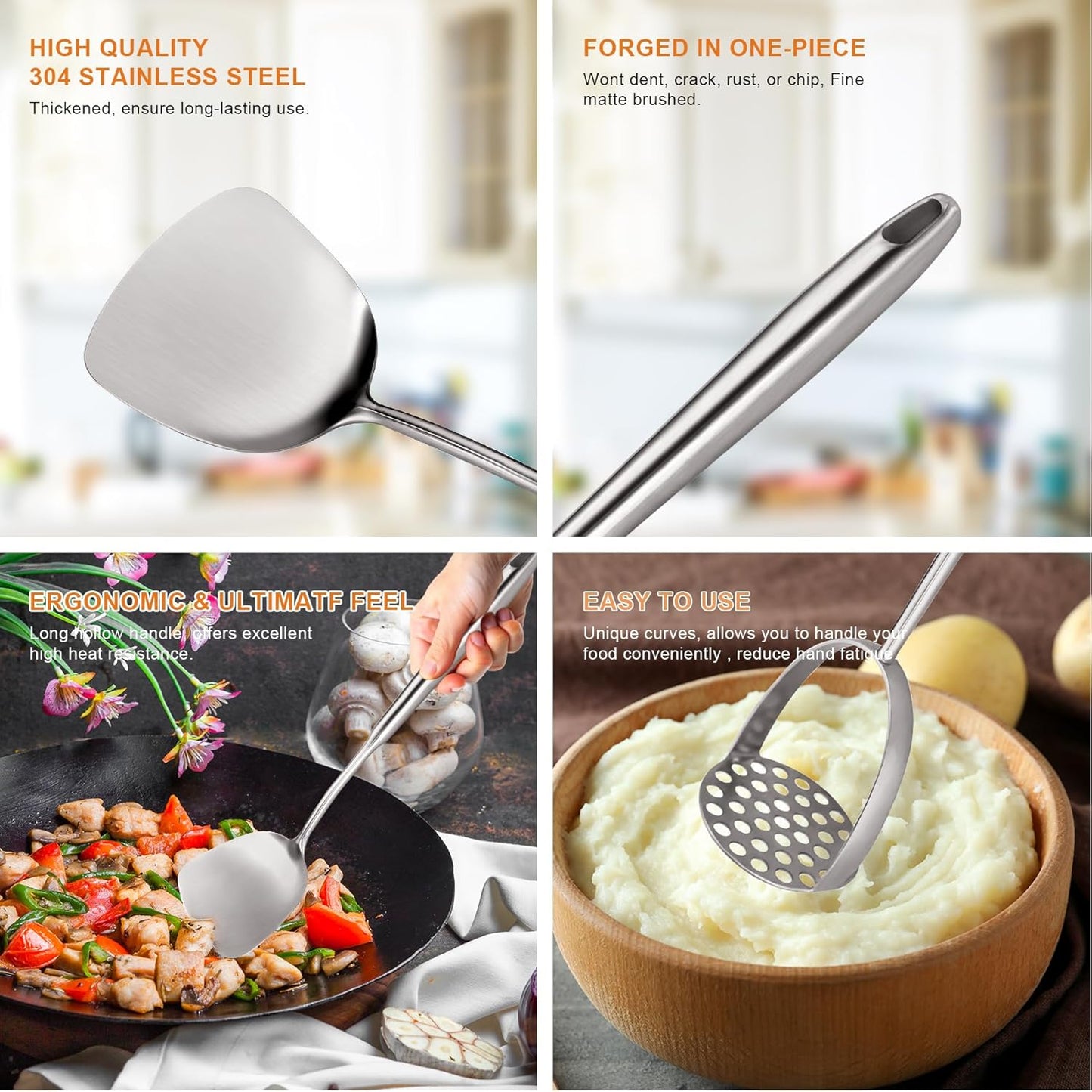 Skiennix Stainless Steel Kitchen Utensils Set - 12 PCS Durable Cooking Tools in Sleek Design
