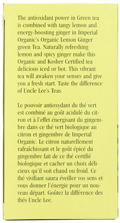 Uncle Lee's Tea Organic Lemon Ginger Green Tea, 100% Natural Premium Green Tea Bags, Fresh Flavor, Enjoy with Honey, Hot Tea or Iced Tea Beverages, 4 Pack - 18 Tea Bags per Box