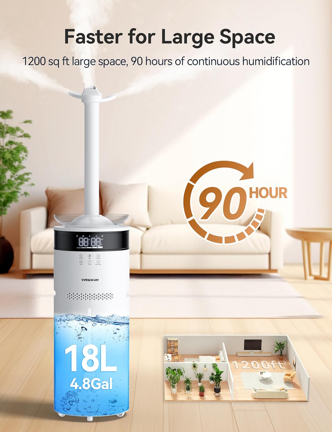 VAGKRI 18L Humidifier - Large Room Whole House Humidifier for 2000 Sq Ft | 5 Mist Levels & 24H Timer