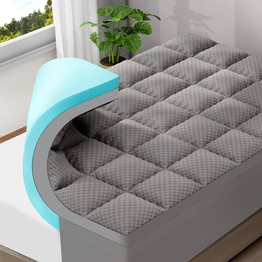 OLANLY Memory Foam Mattress Topper - Dual-Layer Queen Size for Back Pain Relief | 4 Inch Cooling Pillow Top, Light Grey