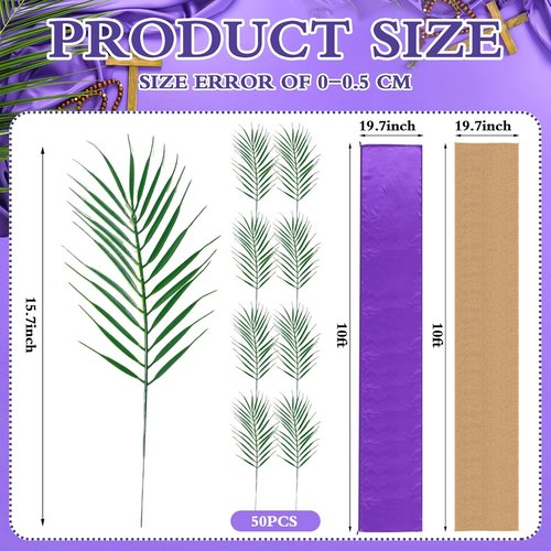 Frienda 52 Pcs Easter Communion Table Decor - 10 ft Purple Cloth Runner & 15.7 Inch Palm Leaves