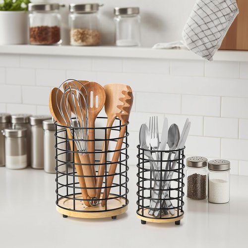 HBlife Utensil Holder for Kitchen Counter Set of 2 (7.4" & 5.8") Matte Black with Wooden Base, Cooking Utensil Organizer for Spatula, Kitchen Decor