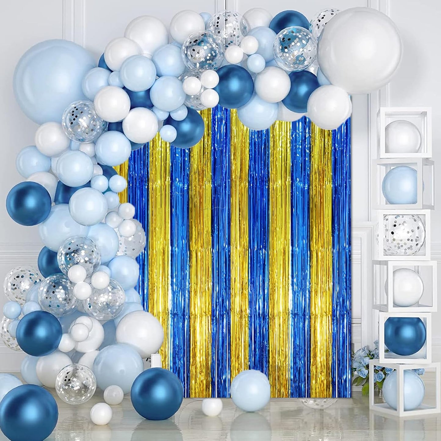 Voircoloria Blue Gold Foil Fringe Backdrop Curtains - 3 Pack Tinsel Streamers for Parties | 3.3 x 8.2 ft
